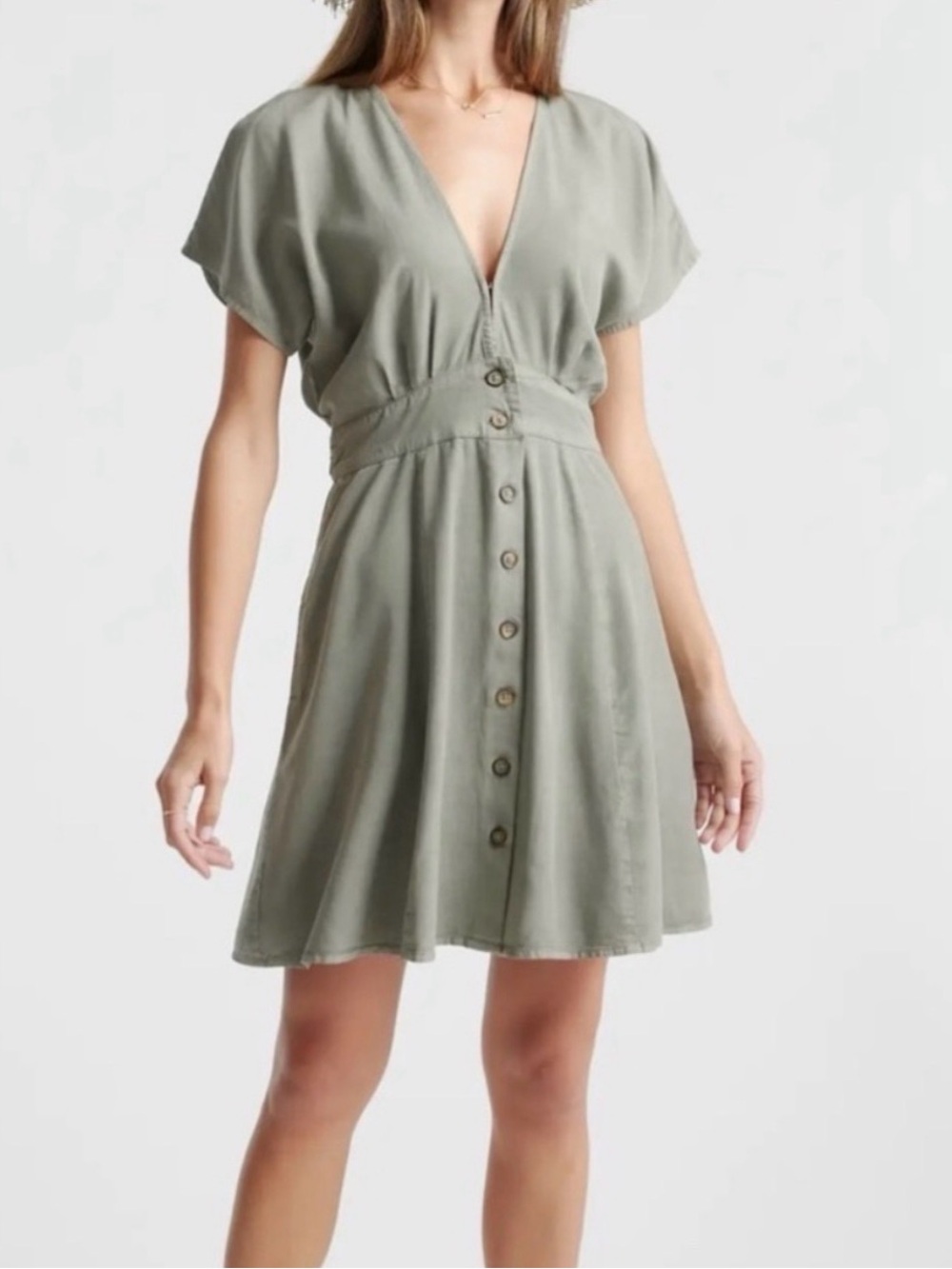 Quince Dress Size Large Vintage Wash Tencel Button Front Olive